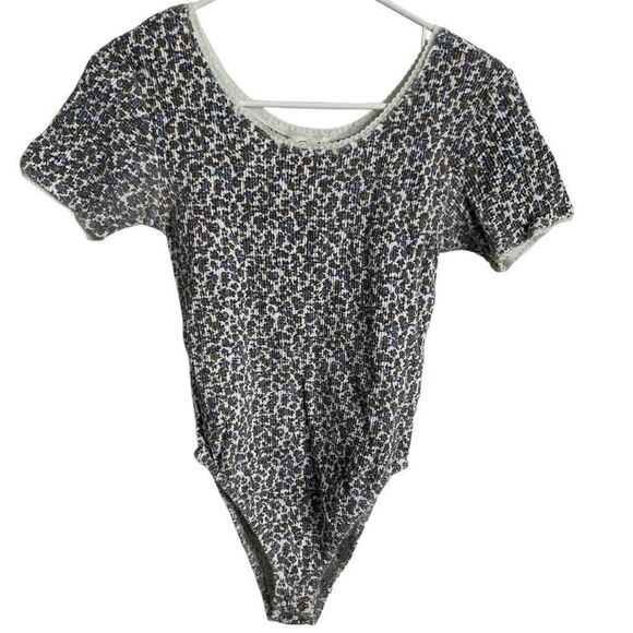 Vtg One Step Up Womens Bodysuit M Blue Floral Ribbed Knit Unitard Cottagecore - Picture 1 of 6